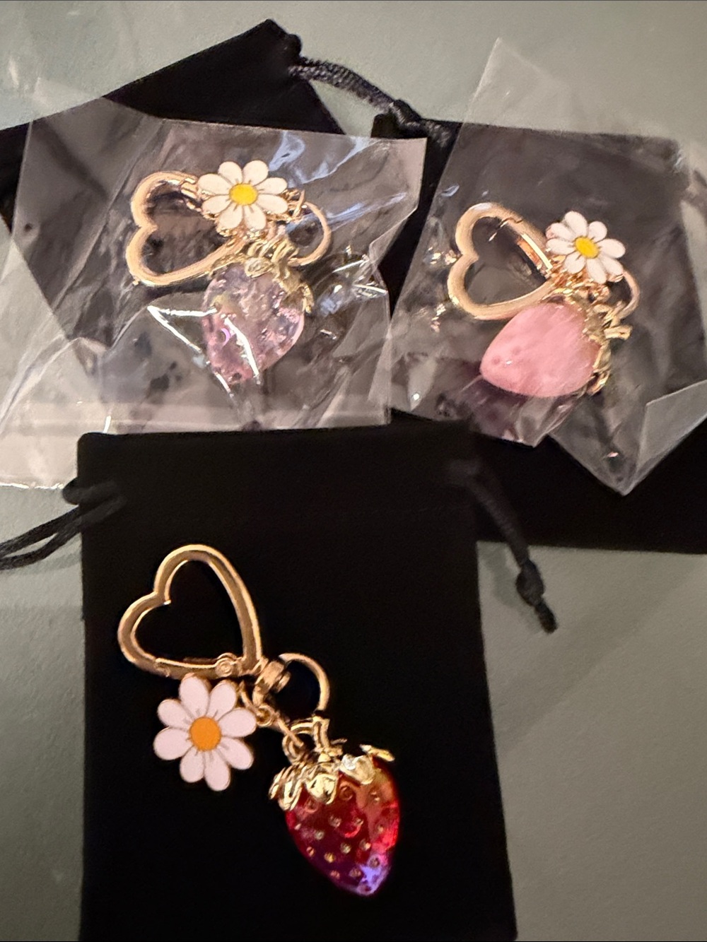Gold Heart Daisy Keychain with Pink/Red Strawberry Charm pick one